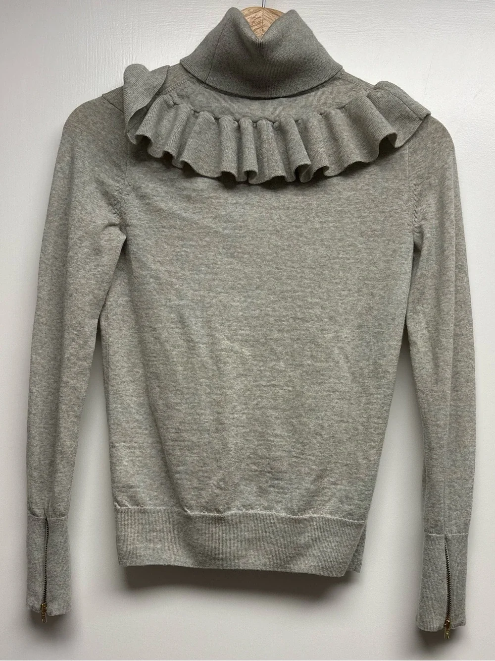 J. Crew Merino Wool Tippi Ruffle Turtleneck Sweater Heather Gray Zip Cuffs XS